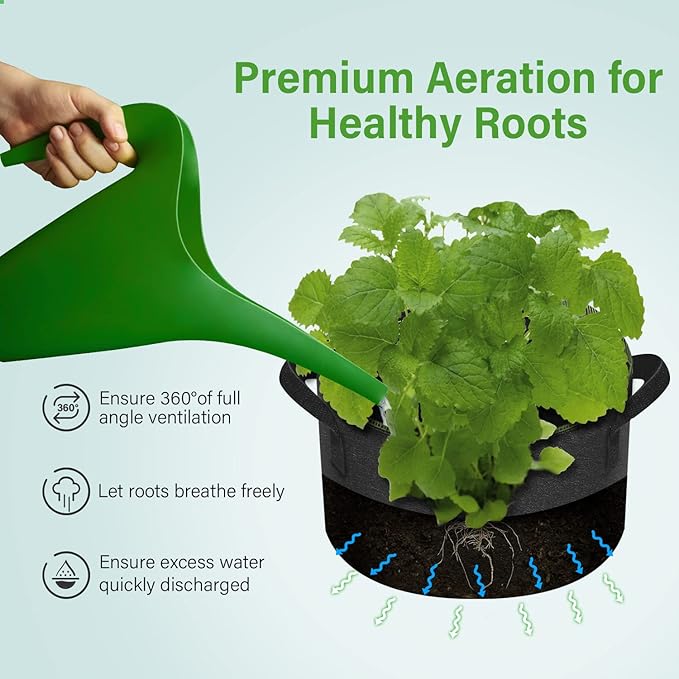 iPower 5-Gallon 5-Pack Grow Bag Thickened Nonwoven Fabric Pots Heavy Duty Aeration Container with Strap Handles for Garden and Planting Vegetable Flowers, Black with Green Stitch Sewing