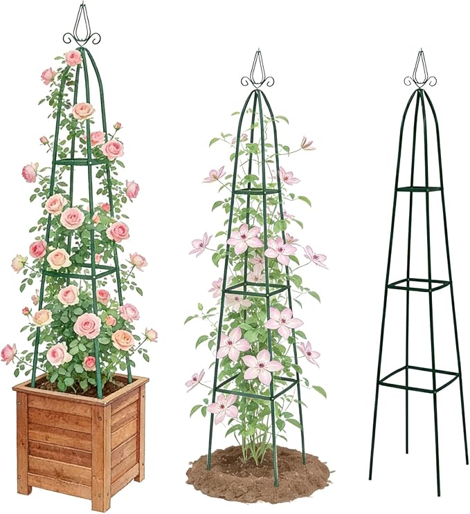 100% Metal Obelisk Trellis for Climbing Plants Outdoor - Heavy Duty Stone Coated Steel Garden Tower Trellis - Tall Sturdy Rustproof Vertical Plant Support for Climbing Vine Vegetables Flowers