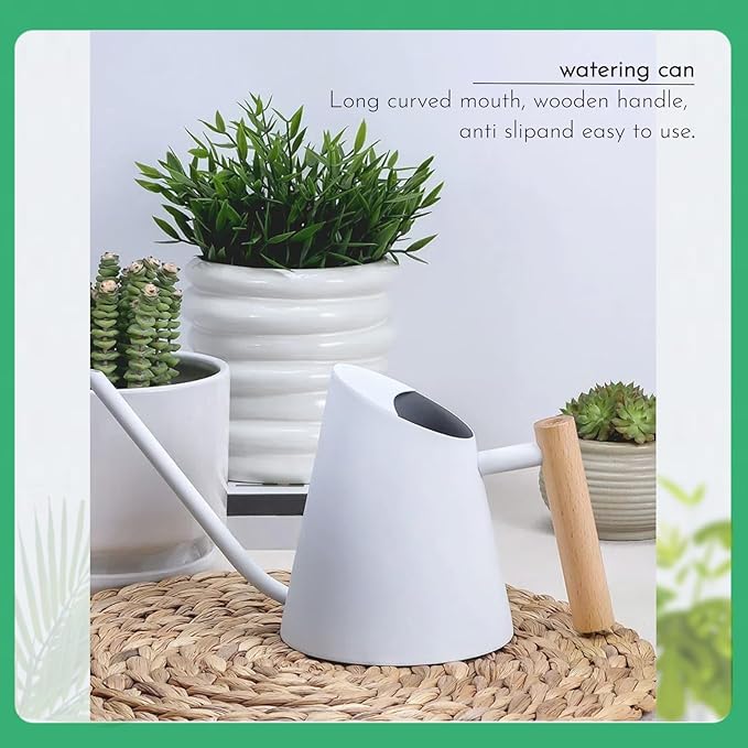800ml Indoor Watering Can with Long Spout, 28oz Capacity, White Metal with Wood Handle (White-Z2)