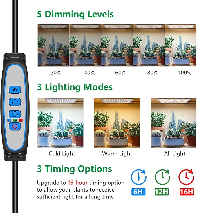 Aumtrly Grow Light, 1104 LED Full Spectrum Plant Lights for Indoor Growing Plants, Grow Lamp for Seed Starting (4 Panel/2 Pack) with UL Adapter, 6/12/16H Timer, 3 Light Modes, 5 Dimmable