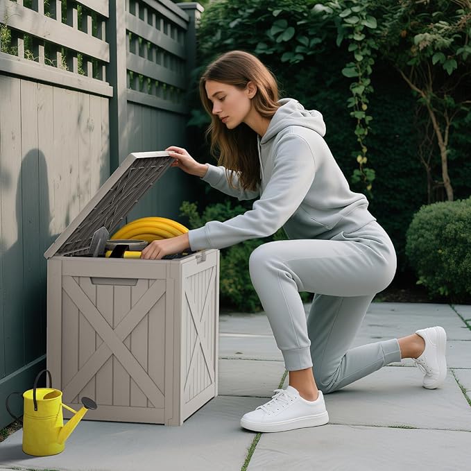 Mars Villa 31 Gallon Barn Style Deck Box, Outdoor Storage Box Waterproof, Lockable Lid, Weatherproof and UV Resistant Resin Storage Bin for Patio Furniture Cushion, Pool Supply, Garden Tool, Greige
