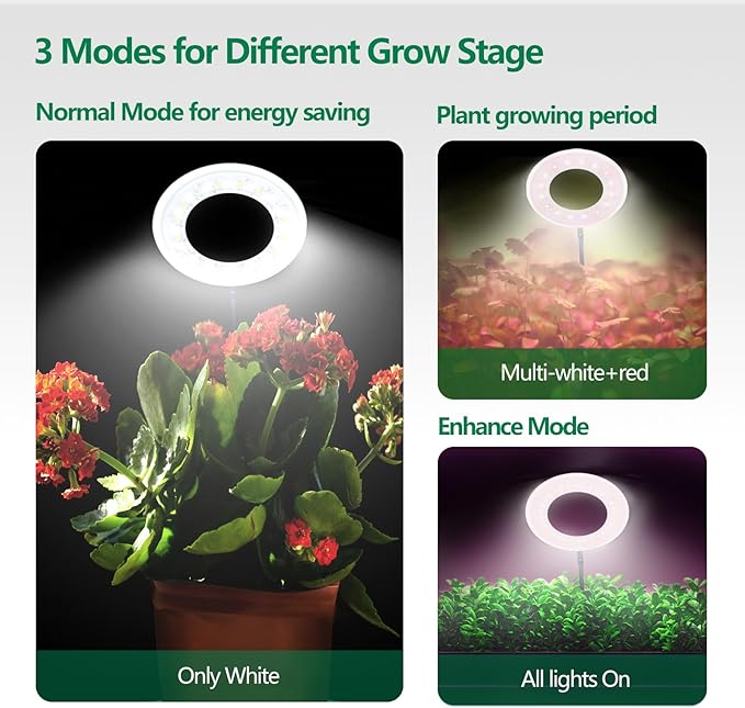 WaterRebirth 3.5 inch LED Grow Light for Indoor Plants, Full Spectrum Halo Plant Light with 3/9/12H Auto Timer, 10-Level Dimmable, Height Adjustable for Tall Plants