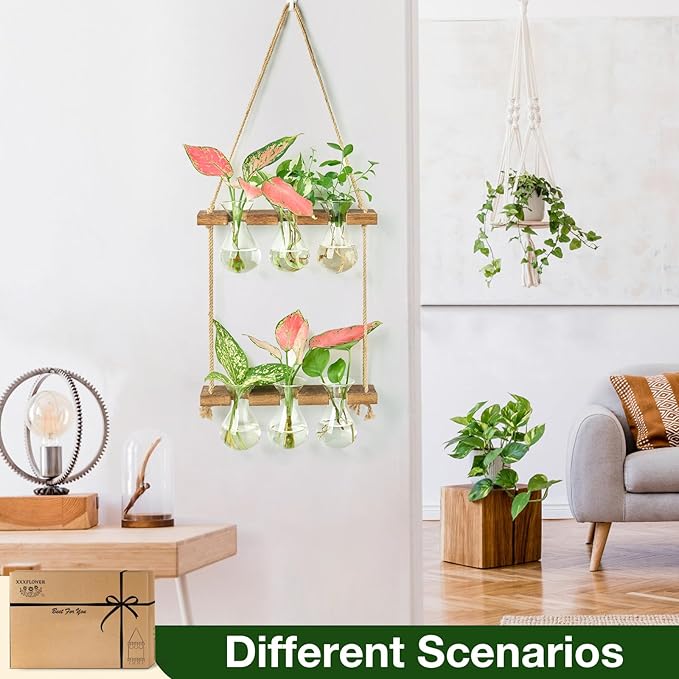 XXXFLOWER Wall Hanging Propagation Station with Wooden Stand 3 Bulb Vase 2 Tiers Planters Wall Terrarium for Home Office Plant Hanger Flower Vases Wall Decor(Brown)