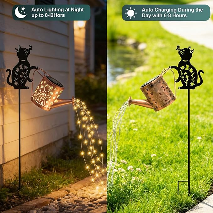 Outdoor Solar Cat Garden Decorative, 2 Pcs Solar Watering Can with Light, Featuring Metal Cat Silhouette Stake, Day Gift for Women, Waterproof, for Landscape, Lawn, Garden Path Decor