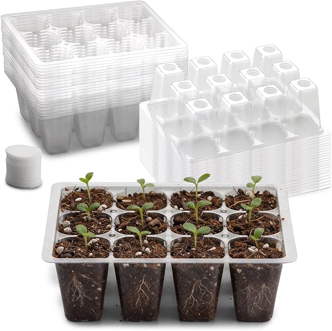 RooTrimmer 40 Pack Reusable 12-Cell Clear Seed Starter Trays - Extra Large Drainage Holes, Easy to Repotted, Clear Transparent Tray for Root Observation, Seed Starting, Fits 1020 Flats and TD377 Trays