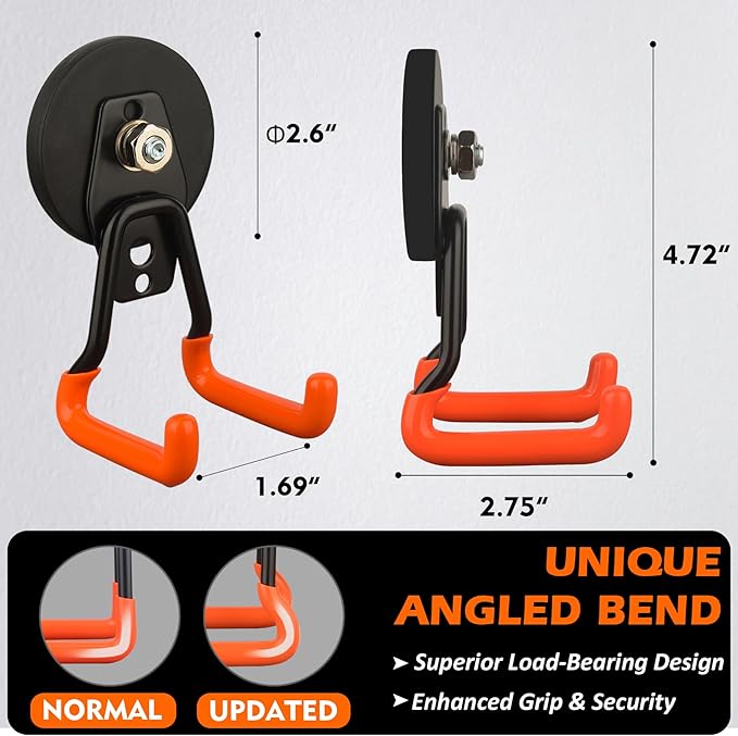 MUTUACTOR Updated Strong Magnetic Hooks,4PCS Scratch-Resistant Heavy Duty Garage Magnet Hook,20lbs Powerful Storage Tool Hooks for Organizing Cordless Impact Drivers,Garden Shovel Tool Box