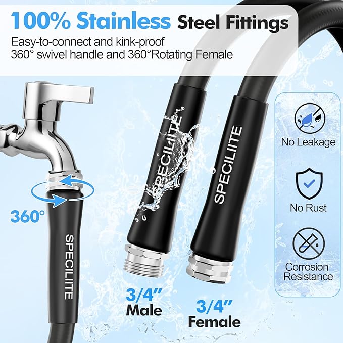 SPECILITE 5/8" Hot/Cold Garden Hose 100 ft with Industrial High Pressure Nozzle, Flexible & Lightweight, 600psi Burst Rubber Water hose -50℉-158℉ With 3/4"Stainless Steel Fittings for Yard, Black