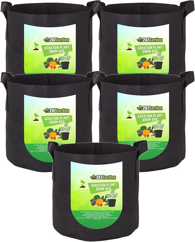 247Garden 4-Gallon Aeration Fabric Pot/Plant Grow Bag w/Handles, 5-Pack (Black 10H x 11D)