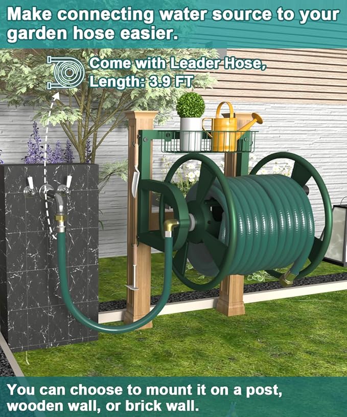 Outdoor Wall Mounted Hose Reel with Hook, Garden Heavy-Duty Water Holder Winder with 3.9 ft Leader Hose, Brass Fitting and Storage Basket for Yard, Holds 125 Ft of 5/8-Inch Hoses, Green