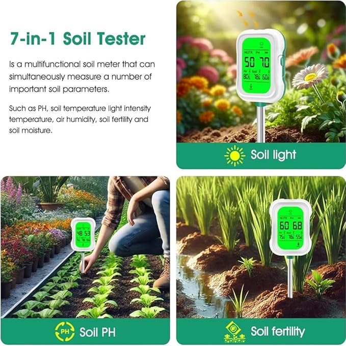 7 in 1 Digital Soil Humidometer,Measures Soil Ph,Humidity,Temperature,Light Intensity,Soil Efficiency,Air Humidity,Suitable For Garden And Outdoor Plants,Batteries Not Included