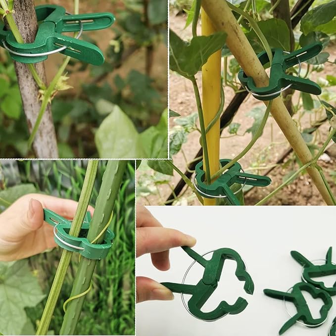 100PCS Tomato Clips Garden Plant Clips | Durable Green Grippers for Tomato Cages, Bamboo Stakes, Vines & Stems | Versatile Support, Training & Trellis Clip for Plant