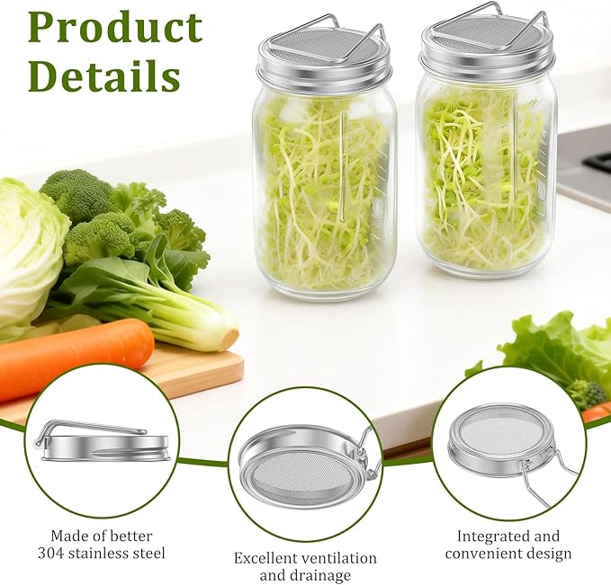 2Pcs Sprouting Lids for Wide Mouth Mason Jars, Reusable Stainless Steel Screen Bean Sprouting Jar Lids, Sprout Growing Lid for Organic Alfalfa Broccoli Seeds Mung Bean, Plant Germination Kits