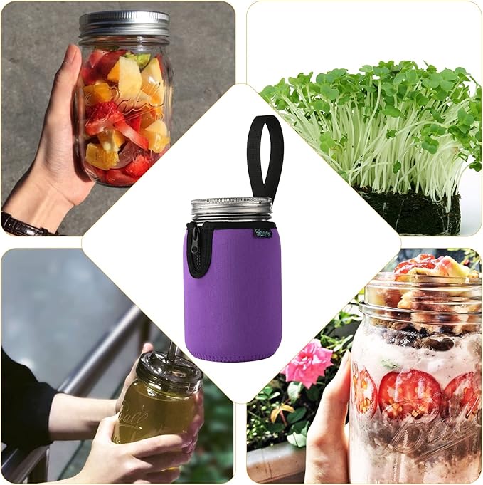 Beautyflier Mason Jars 32oz Wide Mouth Sleeve Regular Mouth Mason Jars Insulators Drinking Glass Coolers Sprouting Jars Blackout Sleeve (Purple)