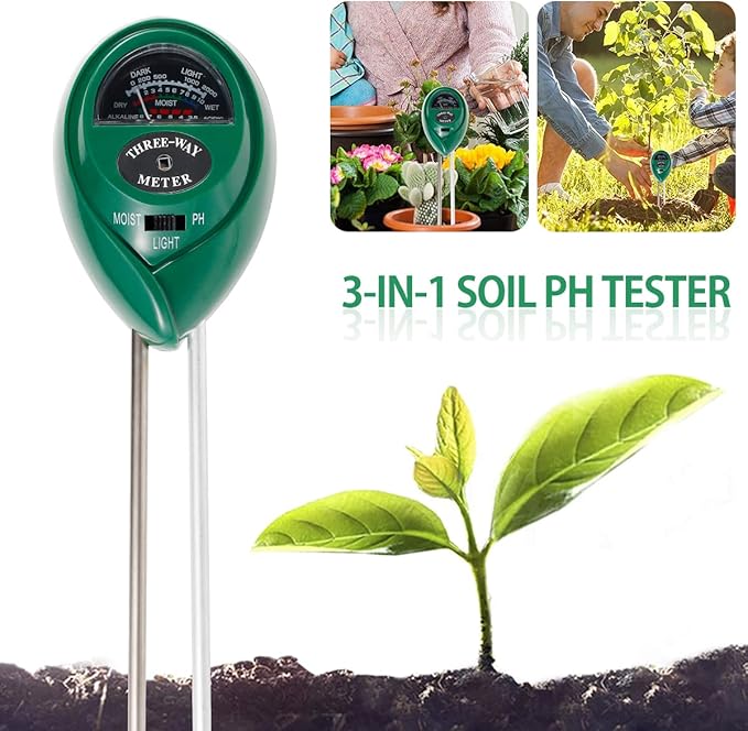 Soil pH Meter 3-in-1 Soil Tester Moisture, Light, pH, Meter Tool for Garden, Farm, Plant, Outdoor, Indoor, Lawn Care, Water Soil, Soil Hygrometer Sensor for Gardening, Test Kit for Garden