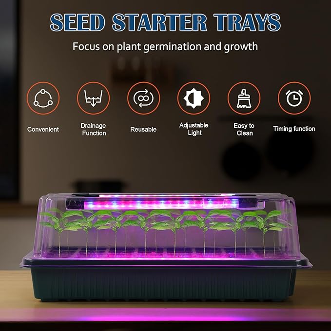 Sunexinlo Seed Starter Tray with Grow Light, 2 Pack 80 Cells Seedling Tray Kit with Humidity Hood and Drainage Hole, Adjustable Light & Timing, Perfect for Indoor Seed Cultivation