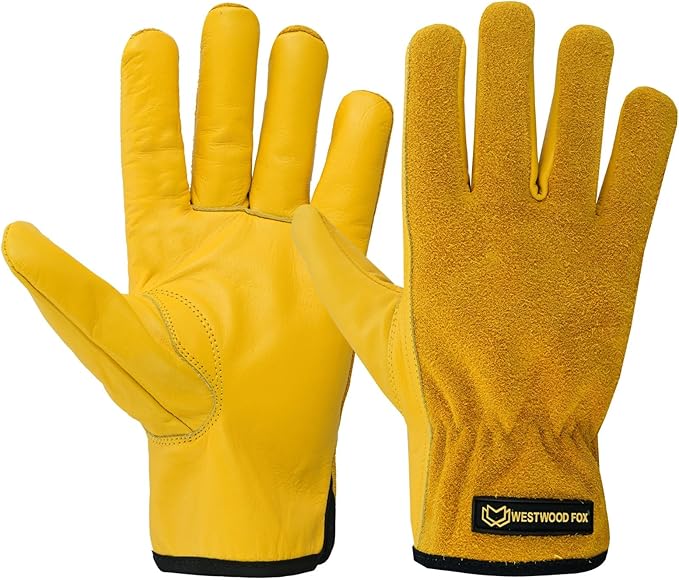 WESTWOOD FOX Work Gloves Men Heavy Duty Leather Gardening Gloves for Thorn Resistant Padded Palm Utility Working