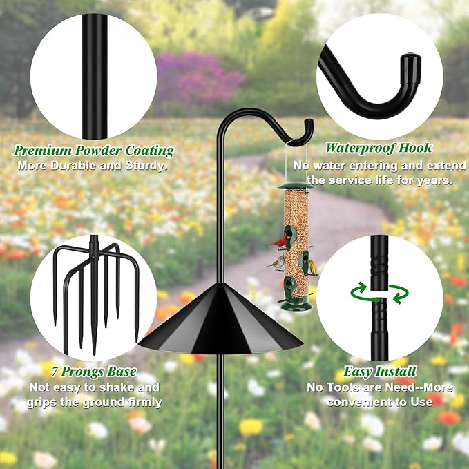 FEED GARDEN 92’’ Bird Feeder Pole Squirrel Proof, Adjustable Shepherds Hooks for Outdoor with 7 Prongs Base, Heavy Duty Shepherd Hook with Squirrel Baffles, Pole for Bird Feeder, Plant Baskets,1 Pack