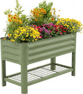 Elevated Raised Garden Bed for Kids, 16"(W) x 36" (L) x 22"(H) Outdoor Planters Box with Legs & Storage Rack, Solid & Safe Raised Beds for Gardening Herbs Vegetables Flowers, Olive Green