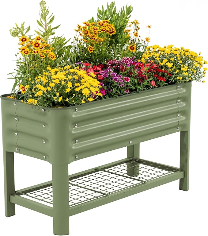 Elevated Raised Garden Bed for Kids, 16"(W) x 36" (L) x 22"(H) Outdoor Planters Box with Legs & Storage Rack, Solid & Safe Raised Beds for Gardening Herbs Vegetables Flowers, Olive Green