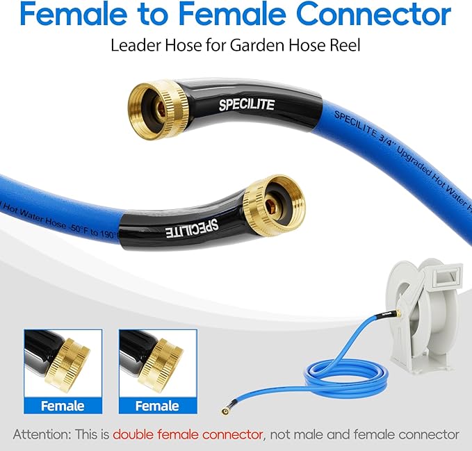 PECILITE Female to Female Hot/Cold Garden Water Hose 3 ft x 3/4 Inch for Hose Reel, -50℉To 190℉, Heavy Duty, Flexible, Burst 605 Psi, Rubber Extension Pipe with 3/4" Brass Fittings