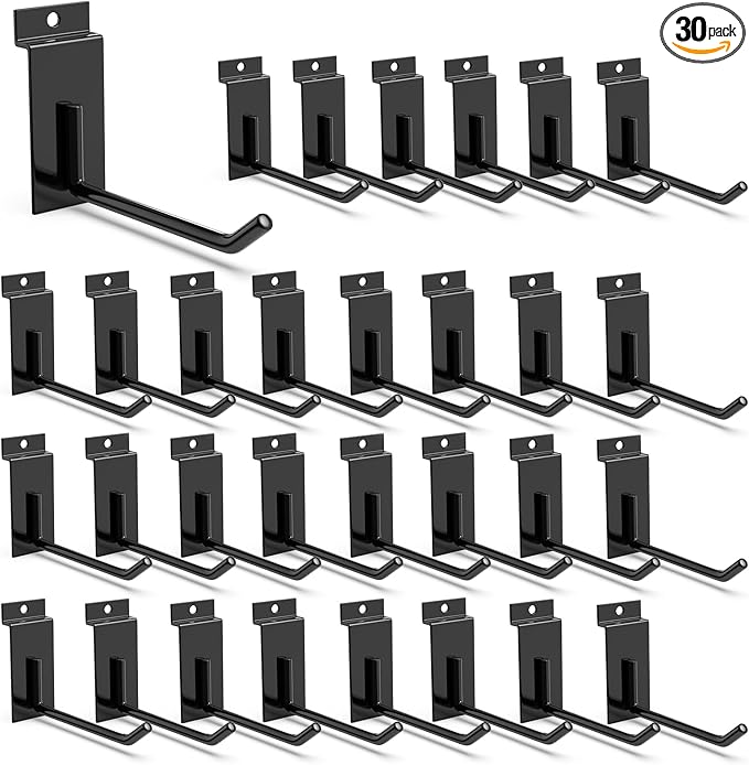 3-H Slatwall Hooks 30PC, 5 Inch, Extra Large Thick Backplate(3.35×1.38 x 0.08 Steel), Heavy Duty Smooth Glide, Compatible with Proslat, Crownwall &Standard Slatwall Panels for Garage, Retail Display