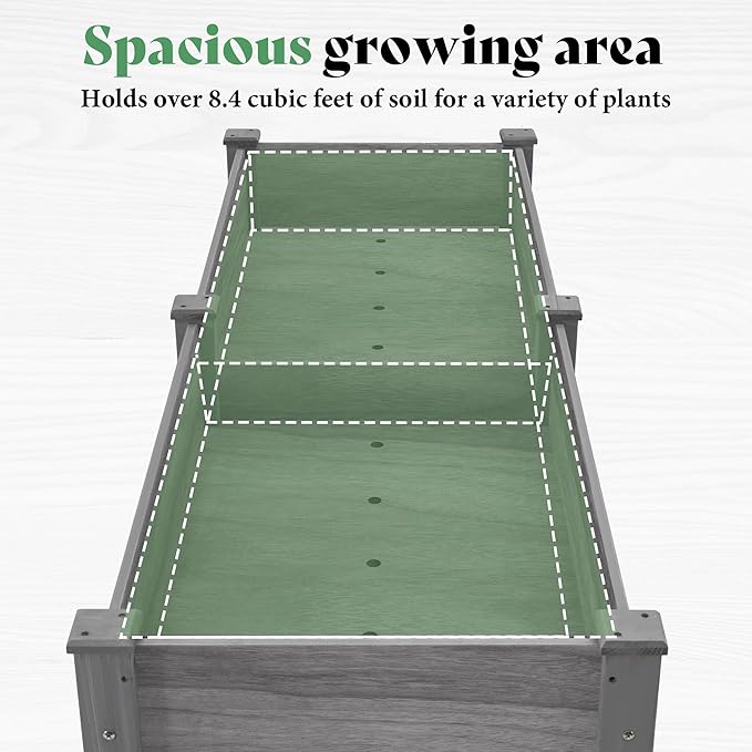 AMERLIFE Raised Garden Bed, 72x24x30 Inches Elevated Wood Planter Box with Bed Liner, Legs, Divider, Drainage Holes, Stand for Backyard, Patio, 300 Lb Capacity - Grey