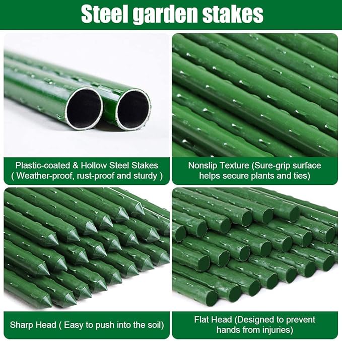 Mininfa Plastic Coated Metal Garden Stakes 57 Inch (Approx 5 FEET), Steel Plant Stakes Supports Climbing for Tomatoes, Trees, Beans, 25 Pack