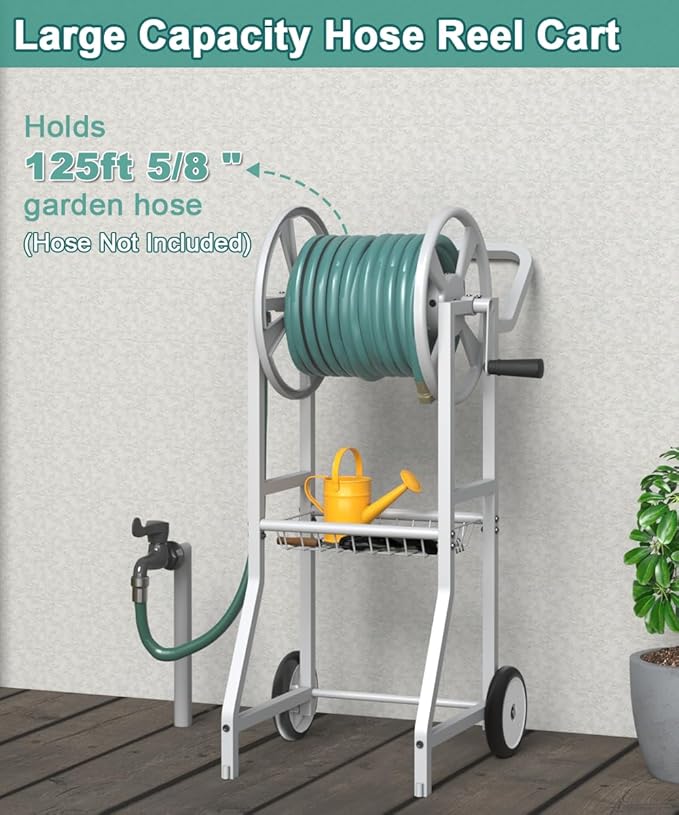 Garden Hoses Reel Cart with Wheels, Outdoor Heavy Duty Powder Coated Steel Water Winder Storage Holds 125 ft 5/8" Hose with 3.9ft Leader Hose and Basket for Backyard, Yard, Lawn, White