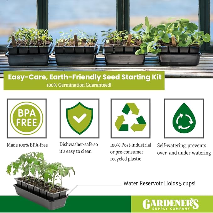 Gardener's Supply Company GrowEase Seed Starting Self Watering Tray |12-Cell Seedling Tray with Capillary Mat, Water Reservoir & Germination Dome | Indoor Greenhouse Gardening Kit