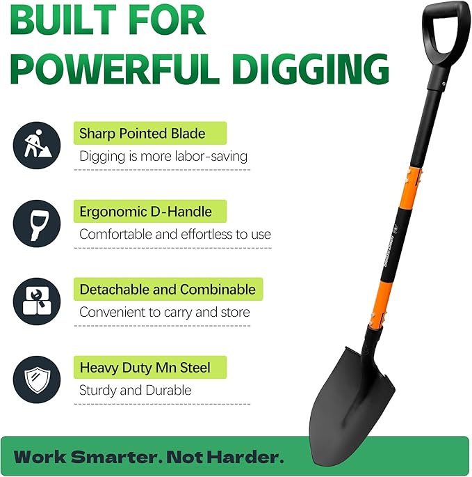 Shovel, Shovels for Digging, 47 Inch Detachable D-Handle with Anti-Slip Design, Heavy Duty Shovels for Gardening Digging
