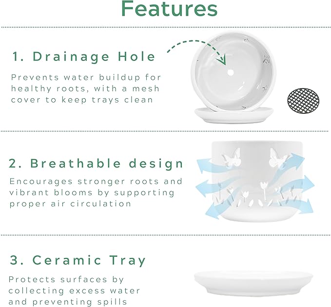 2 Pack, 5 + 6 Inch White Orchid Pots with Butterflies and Tulips Holes and Saucer, Ceramic Orchid Planters for Repotting with Drainage Holes and Tray Indoor Outdoor, Butterfly Gift