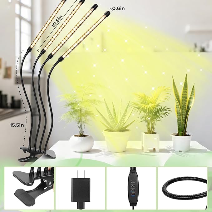 Led Grow Lights, 4 Heads Full Spectrum Plant Light with Clamp for Indoor Plants & Seed Starting, 10-Level Dimmable, Auto On Off, Timing 3 9 12Hrs