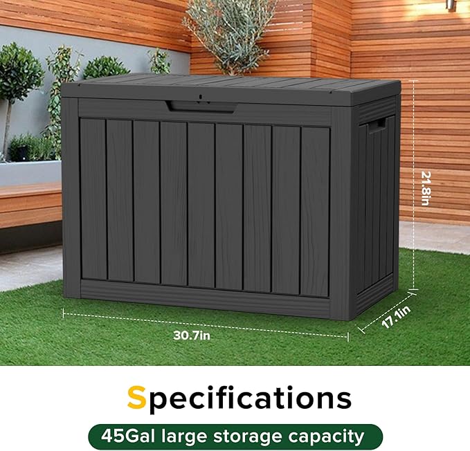 45 Gallon Resin Deck Box, Lockable Outdoor Storage Box for Patio Cushions Storage Furniture,Garden Tools, Pool Supplies, Weatherproof and UV Resistant (Black)