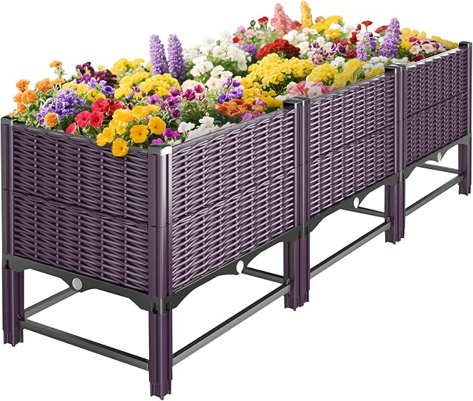 Raised Garden Bed with Reinforcement Rods Elevated Planter Boxes for Outdoor Plants with Drainage Holes for Flowers Vegetables Herbs Patio Backyard Deck Balcony, Purple