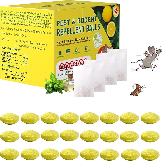 【𝐇𝐢𝐠𝐡𝐥𝐲 𝐄𝐟𝐟𝐞𝐜𝐭𝐢𝐯𝐞】 Mouse Rodent Repellent – Peppermint Lemon Oil Rodent & Insect Repellent Balls 24 Pack, Plant-Based Deterrent for Mice, Rats, Roaches & Bugs, Indoor & Outdoor Use