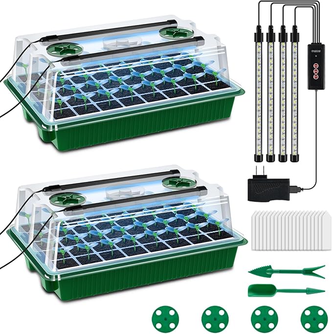 Seed Starter Tray with Grow Light, 2 Packs 80 Cells Seedling Starter Trays with Humidity Domes, Seed Germination Kit Adjustable Light Seed Starting Trays.