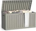 75 Gallon Outdoor Storage Box, Waterproof Deck Box with Handles and Lockable Lid, Resin Patio Storage Box with Hydraulic Rods for Garden Tools, Cushions, Grey