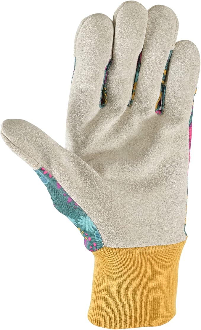 Wells Lamont Women's Botanical Print Leather Palm Work and Gardening Gloves, Medium (4182M)