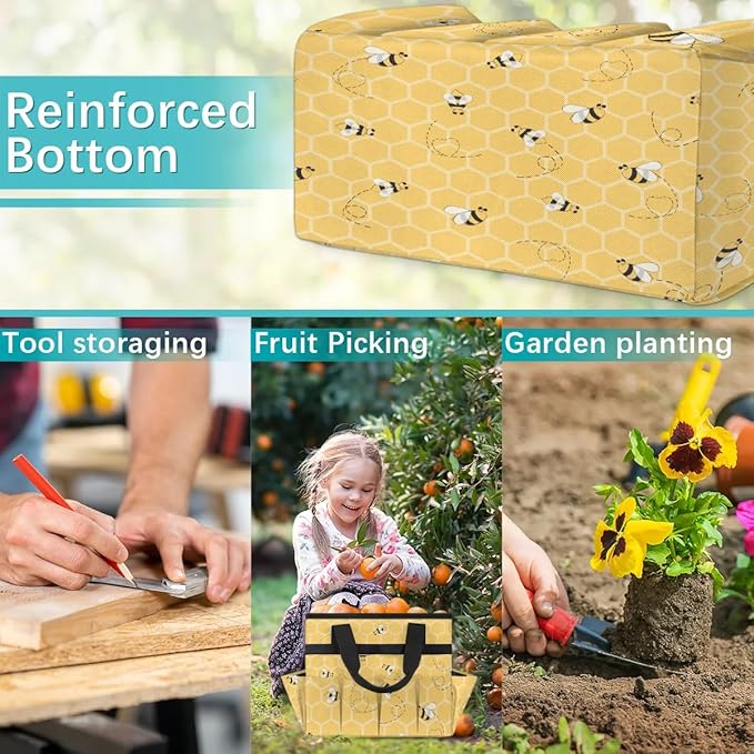 Honeycomb Bee Garden Tool Bag for Women Waterproof & Reusable Heavy Duty Gardening Tote Storage Organizer Toiletry Bag with 10 Pockets for Garden Lawn Yard Casual Camp