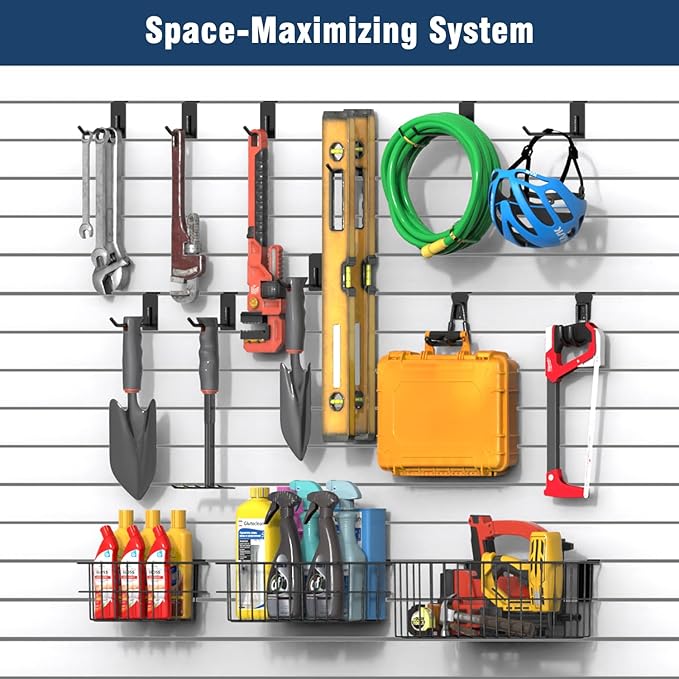 3-H Heavy-Duty Slatwall Accessories 15 Pack and Slatwall Baskets 4 Pack, Slatwall Hooks & Hangers Multi Sizes for Use in Garage, Workshop, Store, and Studio for Organization and Display