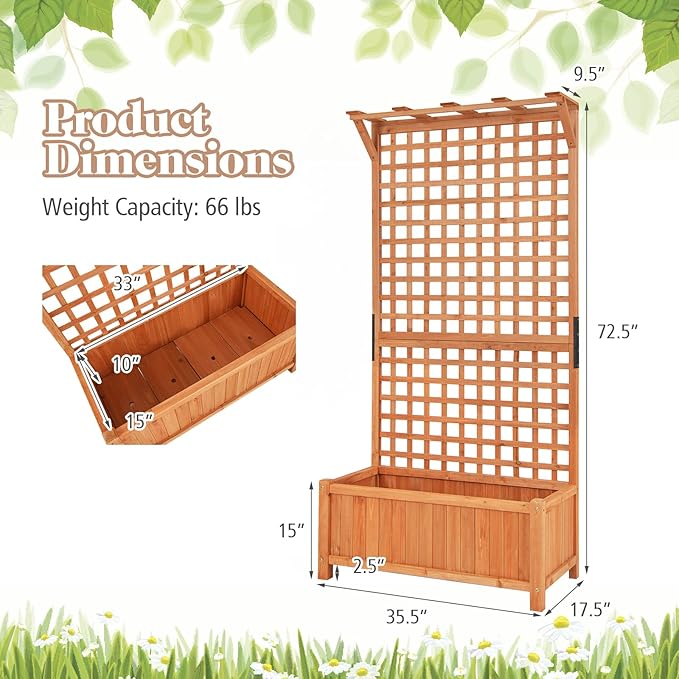 Wooden Planter Box with Trellis, 72.5” Freestanding Garden Planter w/Hanging Roof, 4 Drainage Holes & Lattice Panel, Raised Garden Bed with Trellis for Vine Climbing Plants Flowers (1)