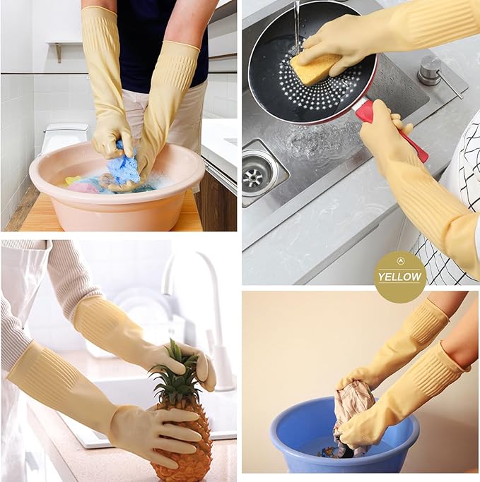 Bamllum 3 Pairs of Rubber Dishwashing Gloves for Kitchen and Household Cleaning – Long Cuff 15", Reusable, Flexible Long-lasting and Non-Slip (Red+Yellow+Green, Large) (Pack of 2)
