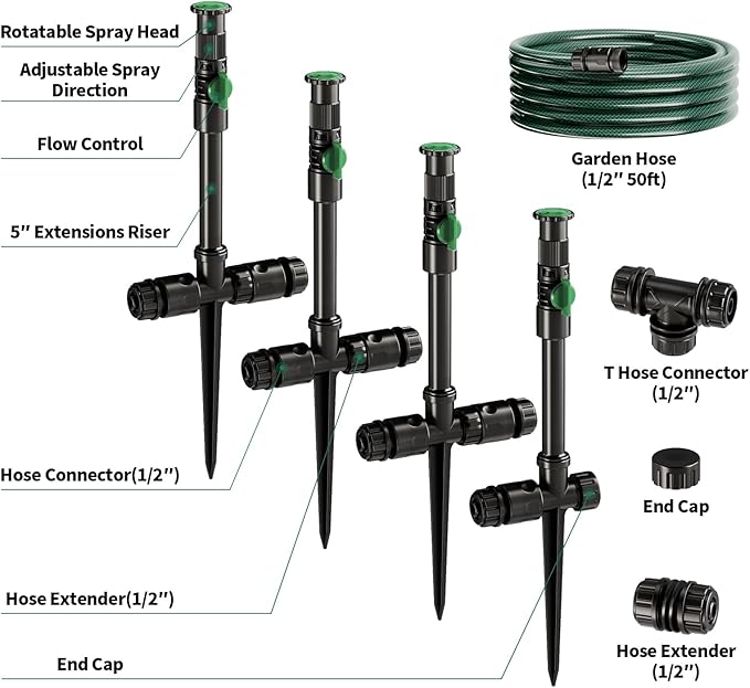 Flexible Sprinkler System, Above Ground DIY Irrigation Kit, Multi-Adjustable Lawn Sprinkler Set, Ideal for Plant and Flower Bed Watering, 50ft Garden Hose Included