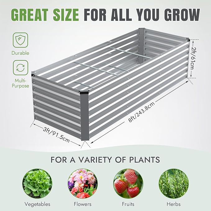 INNO STAGE 8x3x2ft Galvanized Raised Garden Bed, Raised Garden Bed Kit-Metal Planter Box Outdoor, Planting for Vegetables, Fruits, Herbs, Flowers, Silver