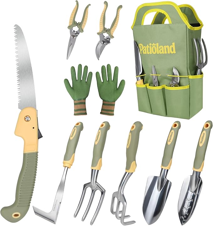 10-Piece Garden Tool Set – Green&&Orange Gardening Hand Tools with Non-Slip Handles, Heavy Duty Rust-Proof Aluminum Tools, Organizer Tote Bag, Ideal Gardening Gifts for Women & Grandma