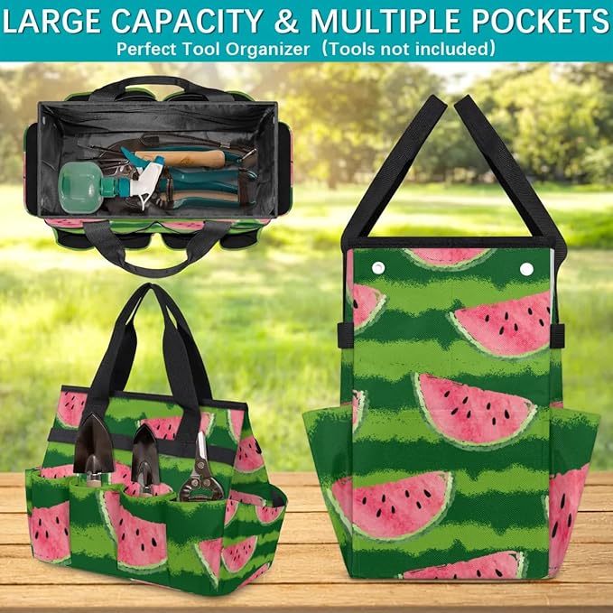 Garden Tool Bag Organizer Garden Tote Bag with Pockets Cute Watermelon Watercolor Tool Storage Organizer Gardening Tool Kit Holder 13" x 6.8" x 2.8"