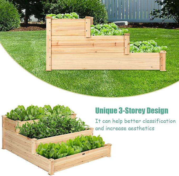 S AFSTAR 3-Tier Raised Garden Bed, Wood Elevated Planter Box with 3 Dividable Bed Kit, Outdoor Above Ground Garden Beds for Plants Herbs Vegetables, Stackable & Flat Arrangement, 49"L x 49"W x 22"H