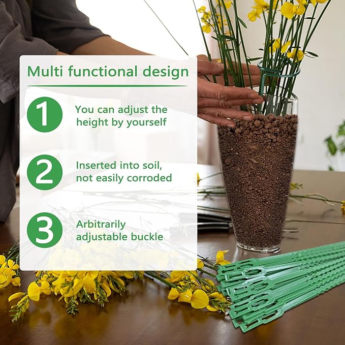 Huakaile 4 Packs Adjustable 23.6" Plant Stakes and Supports with 30 Pieces 9" Twist Ties, Green Plant Holder Stick Outdoor Indoor, Metal Flower Support Stakes Rings for Gardens Vegetables (60 cm)