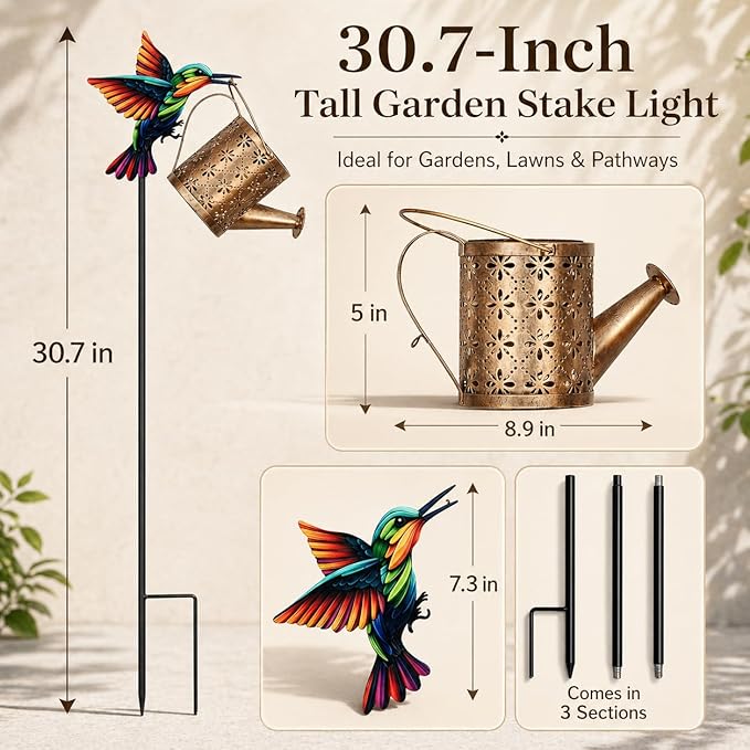 SSQPVEH Solar Watering Can Lights Outdoor, 30.7-Inch Metal Garden Stake Light with Hummingbird Hook, 36 LED Cascading Warm White Waterfall Light for Yard, Lawn, Patio, Garden Decor Gift for Mom