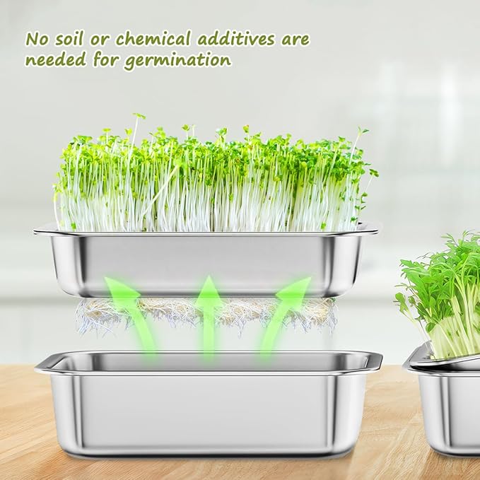FANHAO 2-Pack Sprouting Tray Kit, Stainless Steel Soil-Free Cultivation Germination Tray, Healthy Wheatgrass Grower Sprouting Container Kit Nursery Tray for Indoors Plant Seedling